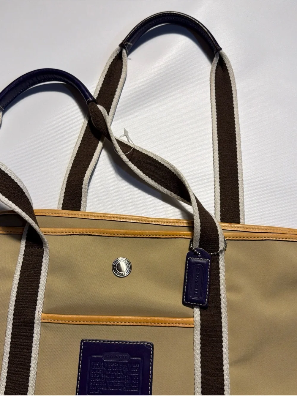 Coach Hampton Tan Nylon & Leather Weekender Purple/Brown Handles Large Tote